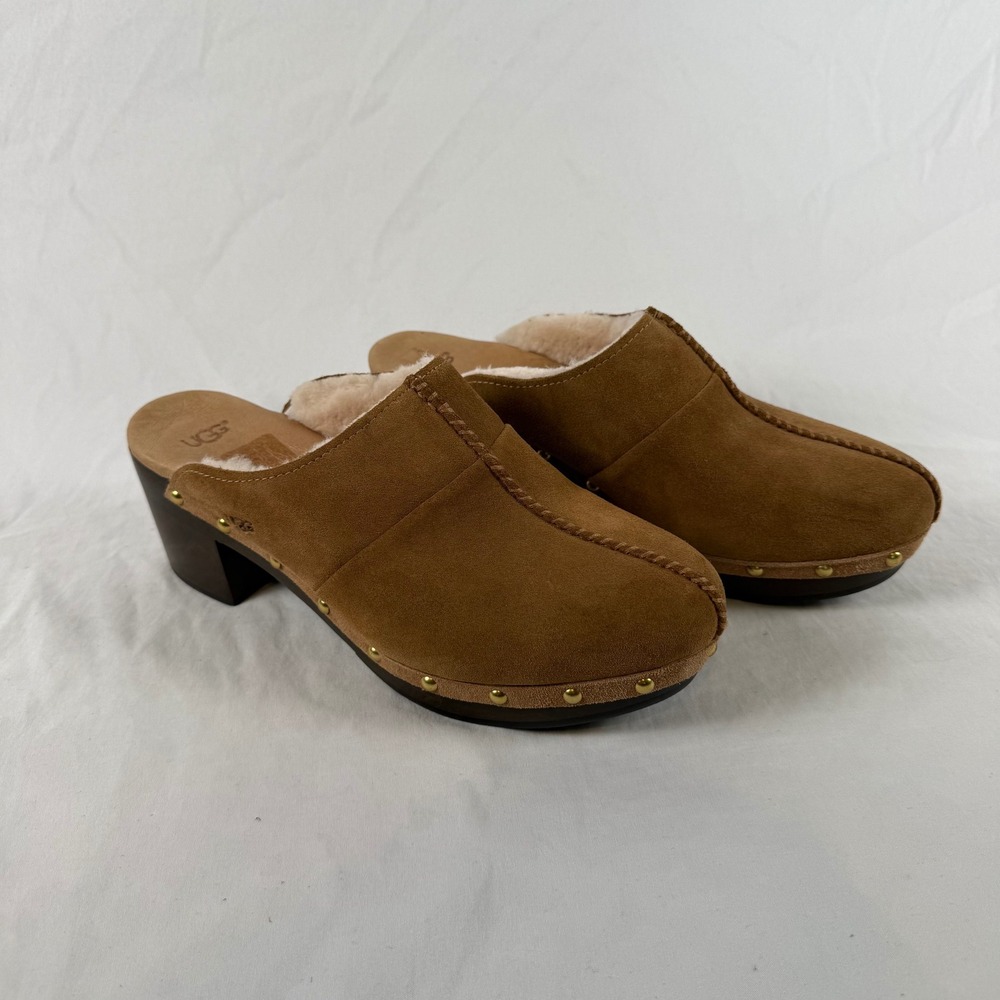 UGG Kassi Suede Sherpa Lined Studded Wood Clog Mules Chestnut Brown Womens 9